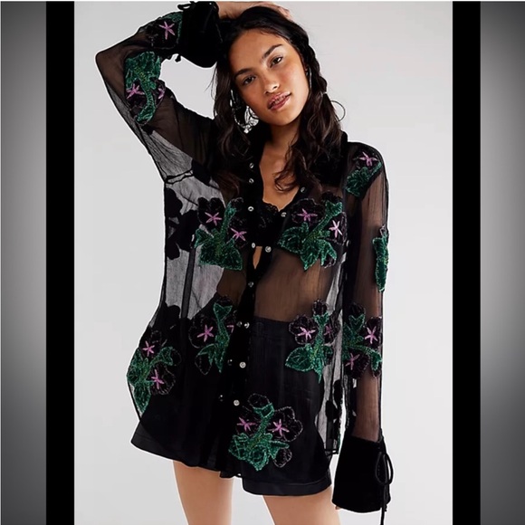 Free People Black Sheer Floral Button Down Shirt - Picture 2 of 5